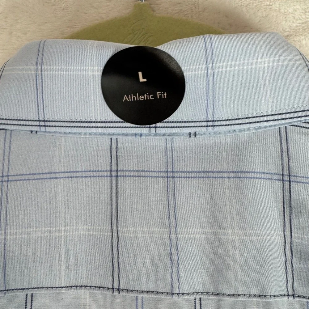 Banana Republic NEW Mens Athletic Fit Dress Shirt L Blue Plaid Wrinkle Resistant